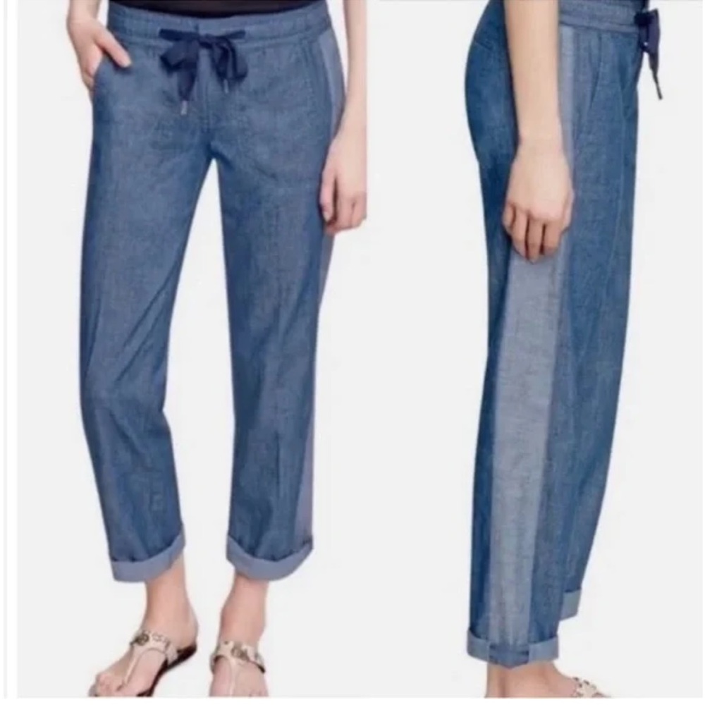 Tory Burch Blue Chambray Drawstring Cropped Pants